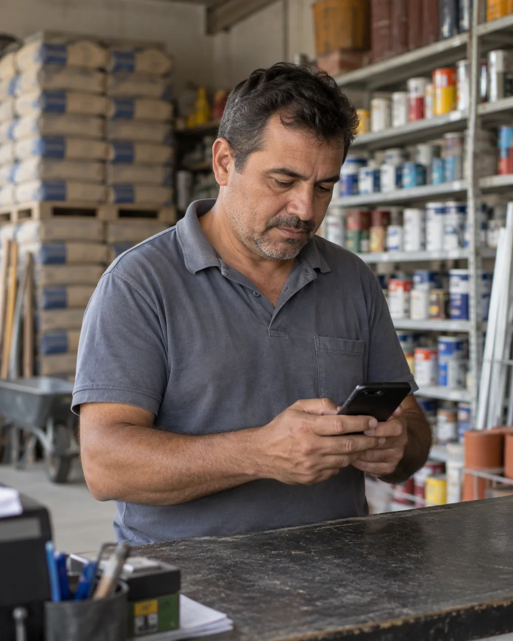 Dono de loja de material de construção no balcão, entre sacos de cimento e latas de tinta, olhando o celular