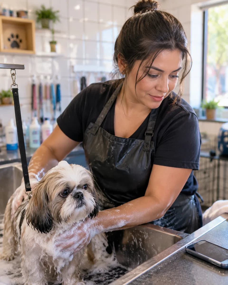 Dona de pet shop dando banho em um cachorro, com o celular ao lado