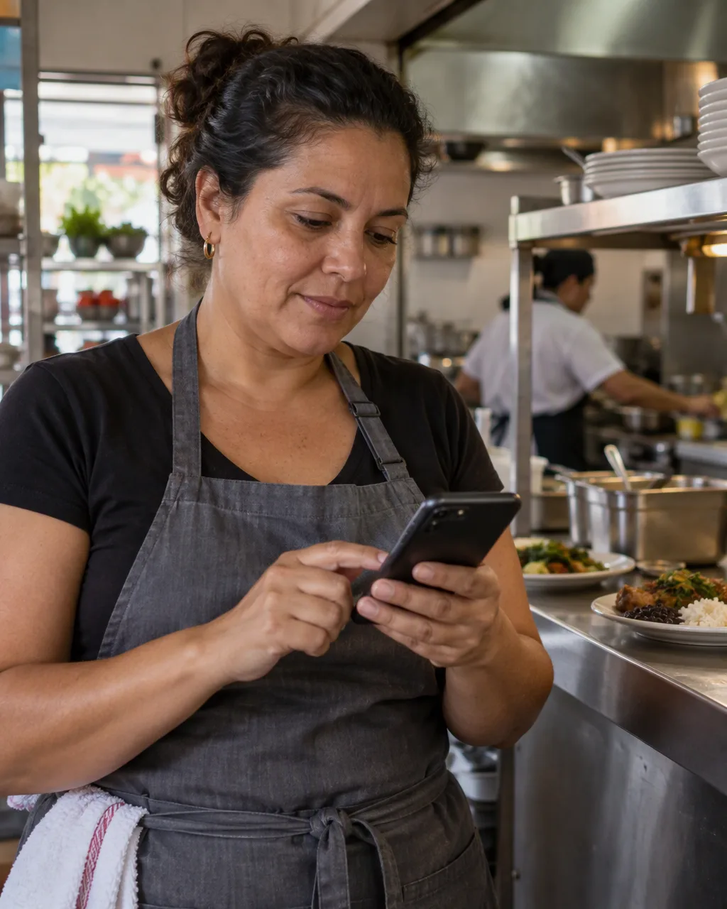 Dona de restaurante na passagem da cozinha, olhando o celular