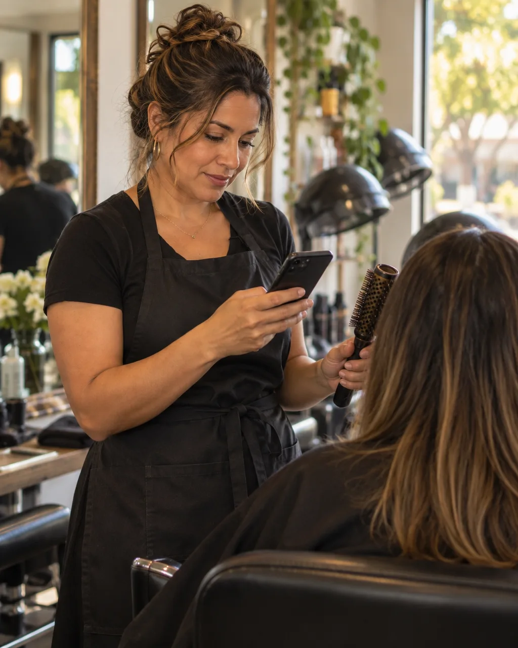 Dona de salão com o celular na mão, atendendo uma cliente