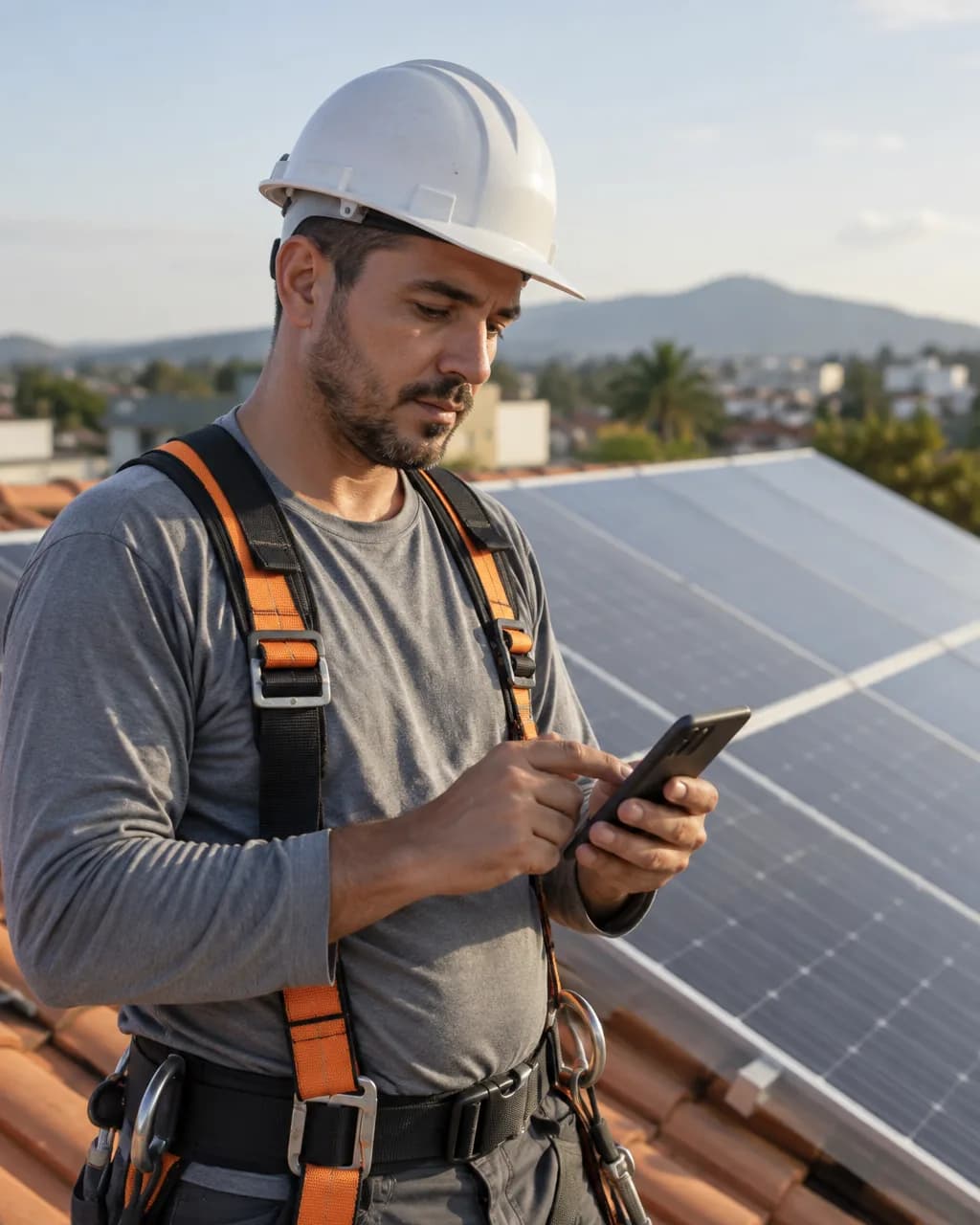 Instalador de energia solar no telhado, entre painéis, olhando o celular