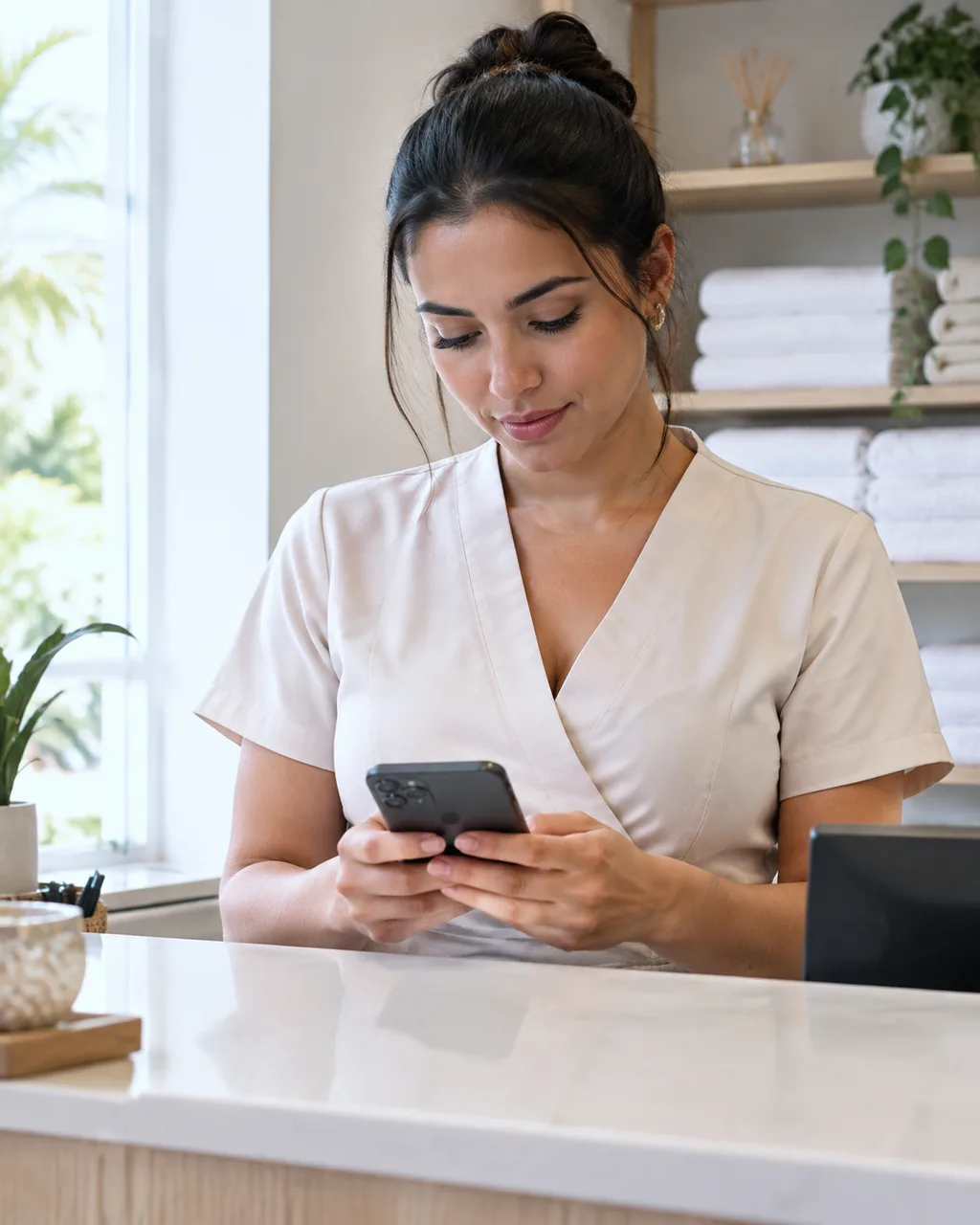 Dona de spa na recepção, olhando o celular