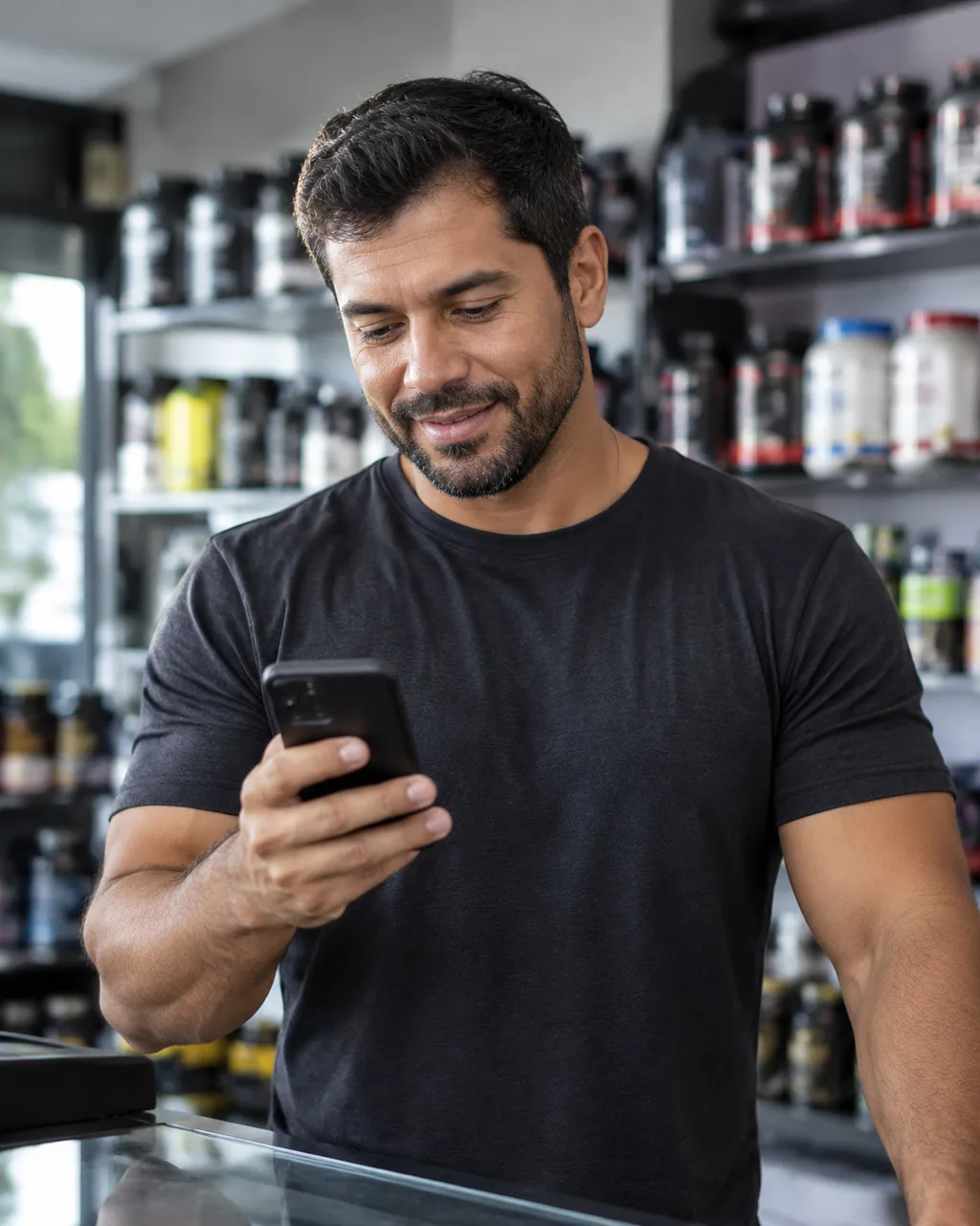 Dono de loja de suplementos atrás do balcão, olhando o celular